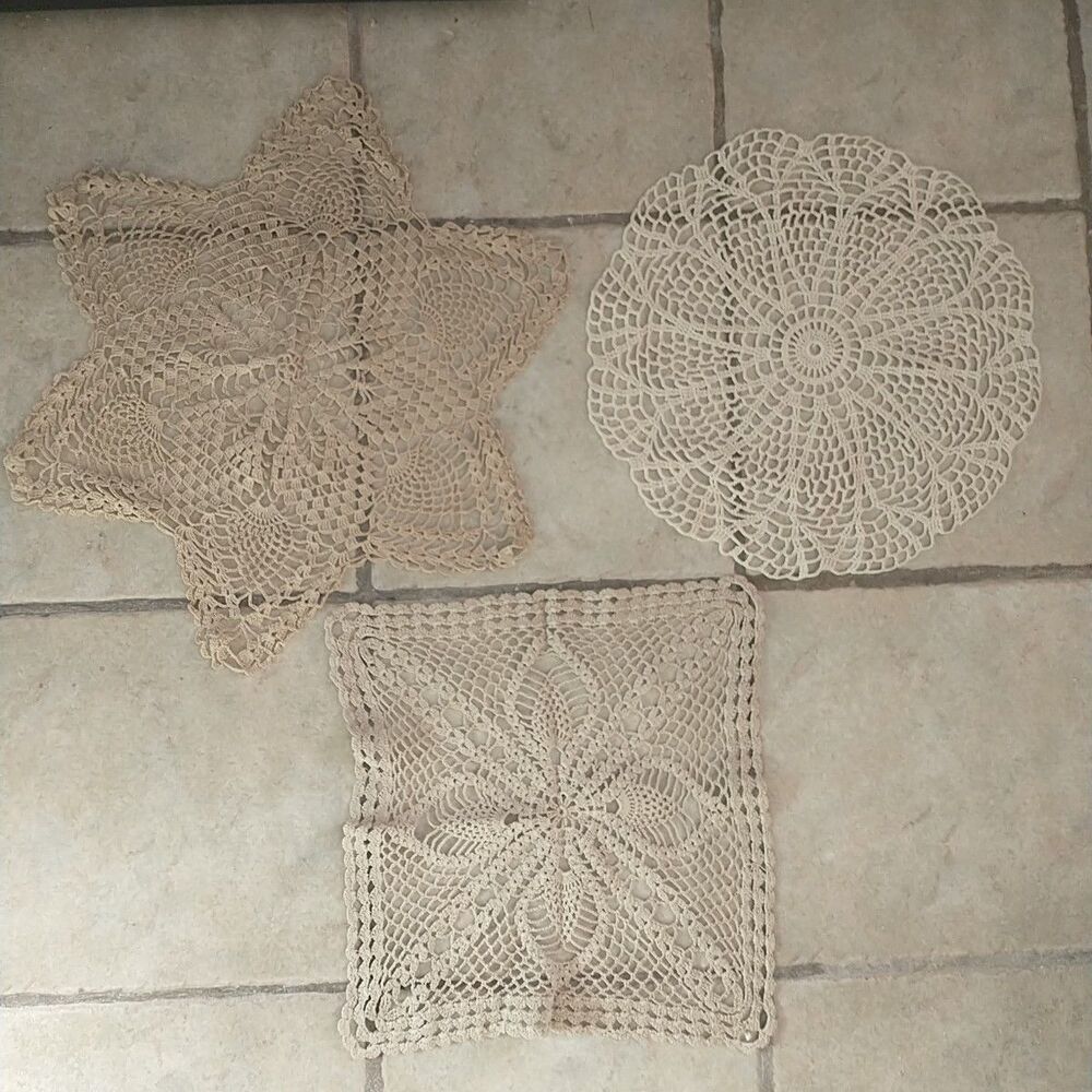 Vtg Handmade Crocheted Dollies White Beige Round Square Star Crafters Lot Of 3